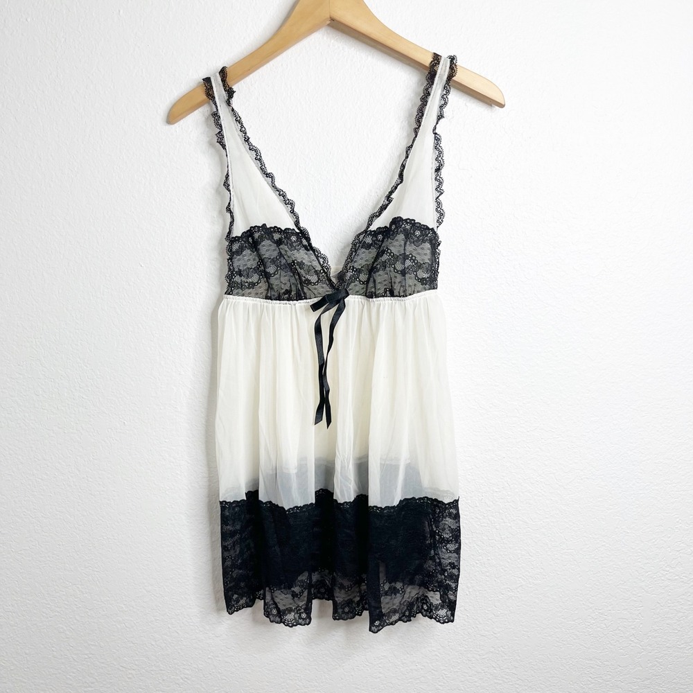 Victorias Secret Sheer Mesh Lace Babydoll Chemise Ivory Black Large